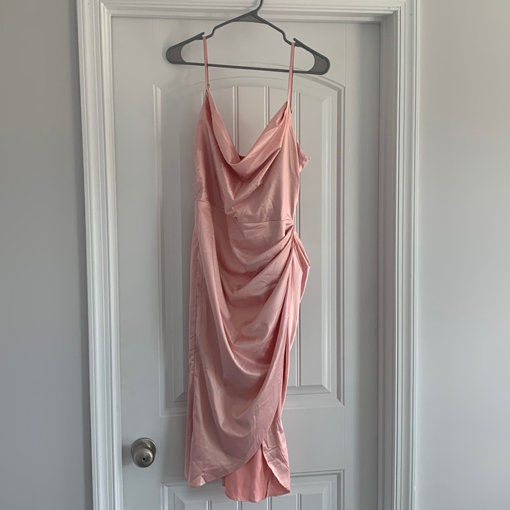 Baby pink cowl-neck silk midi dress. Ruched detailing on side with slit. Size L.